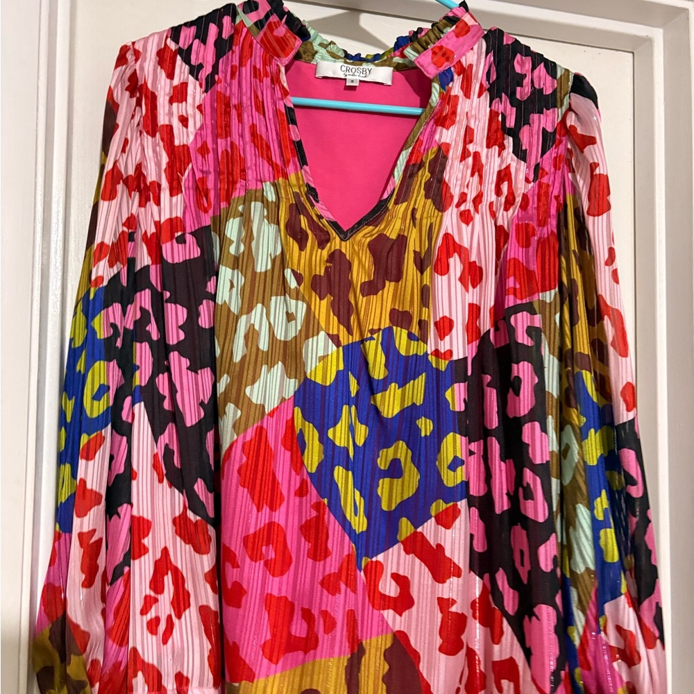 crosby. Multicolor Pleated V-Neck Blouse with Leopard Patchwork